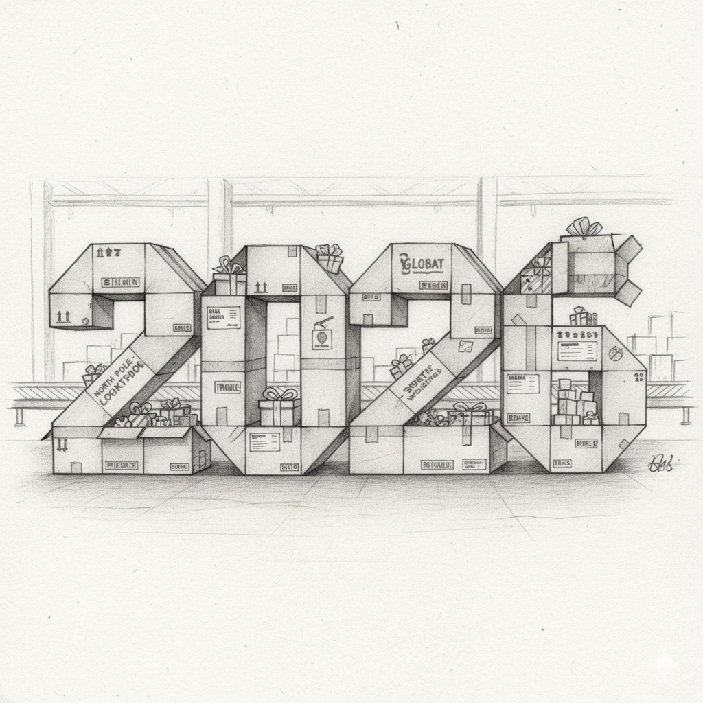Hand-drawn sketch of warehouse storage aisles with stacked boxes, packages, and inventory labels
