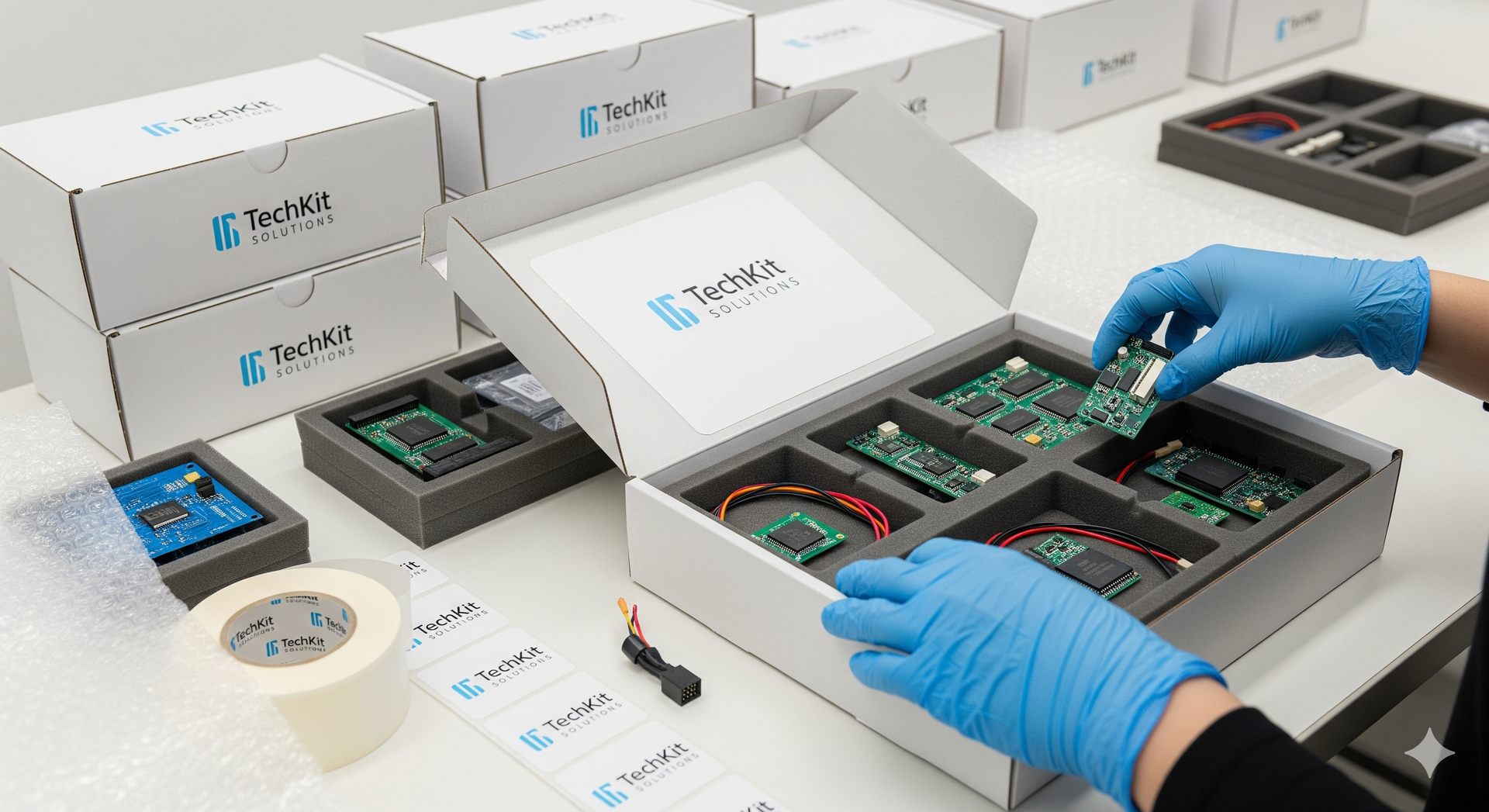Custom packaging and kitting showcasing branded boxes and organized logistics setup