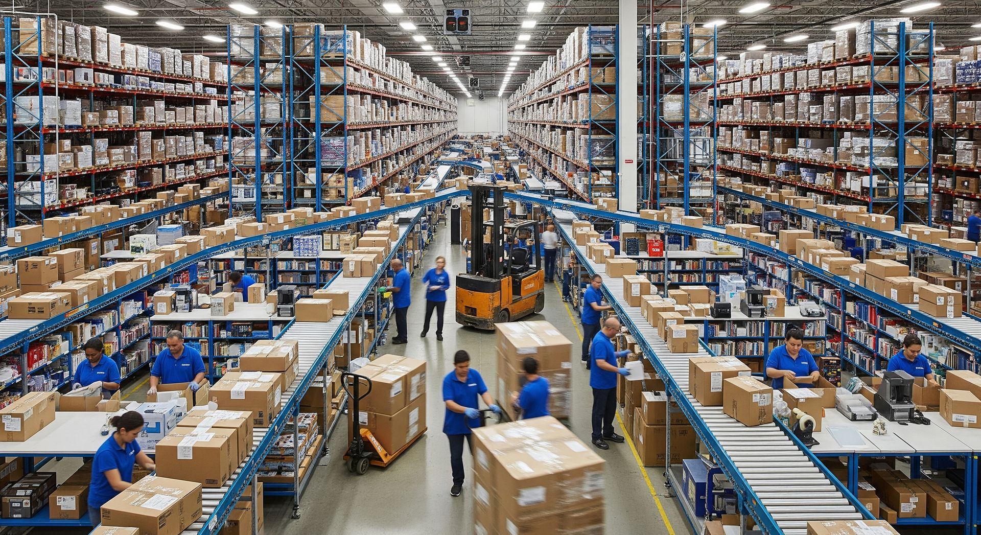 A busy fulfillment center warehouse with workers and conveyor belts moving boxes and products.