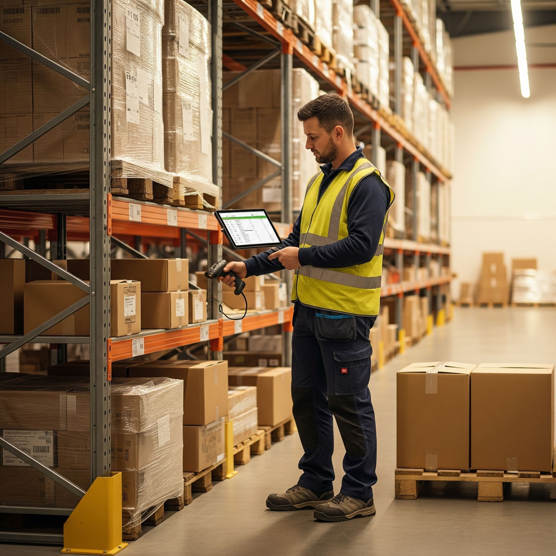 A person in a yellow safety vest using a tablet and a barcode scanner for inventory management in a 