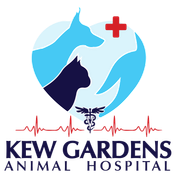 A logo for kew gardens animal hospital with a dog and a cat