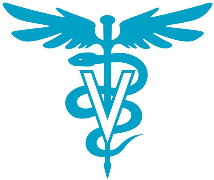 A blue caduceus with a snake and a letter v on it