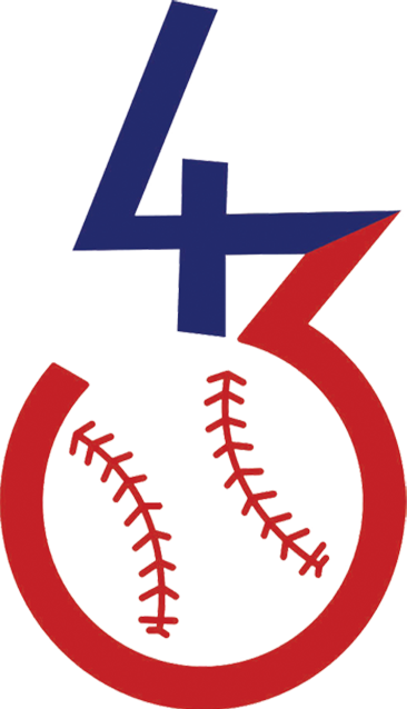 Blue "4" and red "3" form a baseball with red stitching.