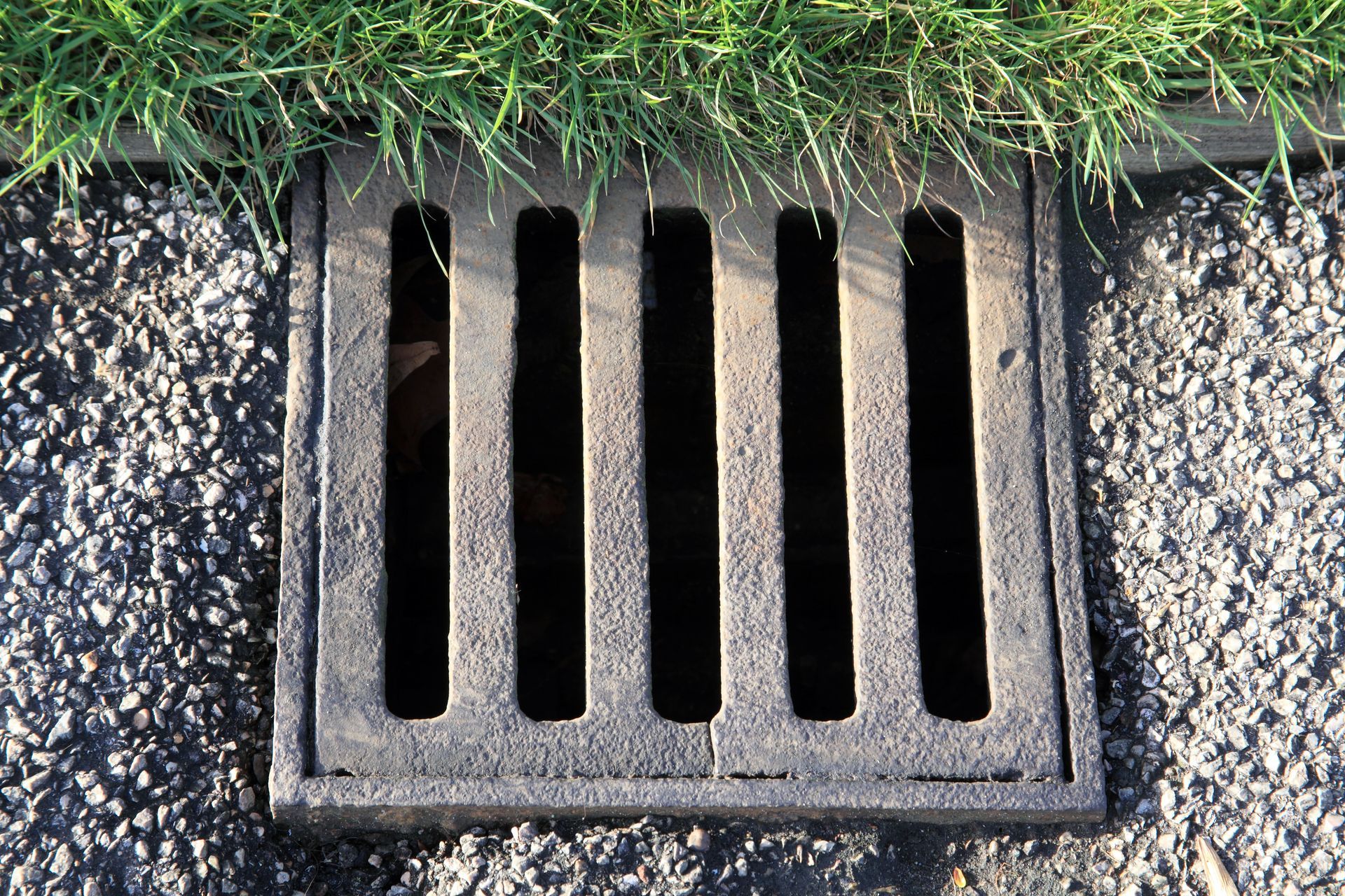 A square metal drain with vertical bars set into asphalt with grass above