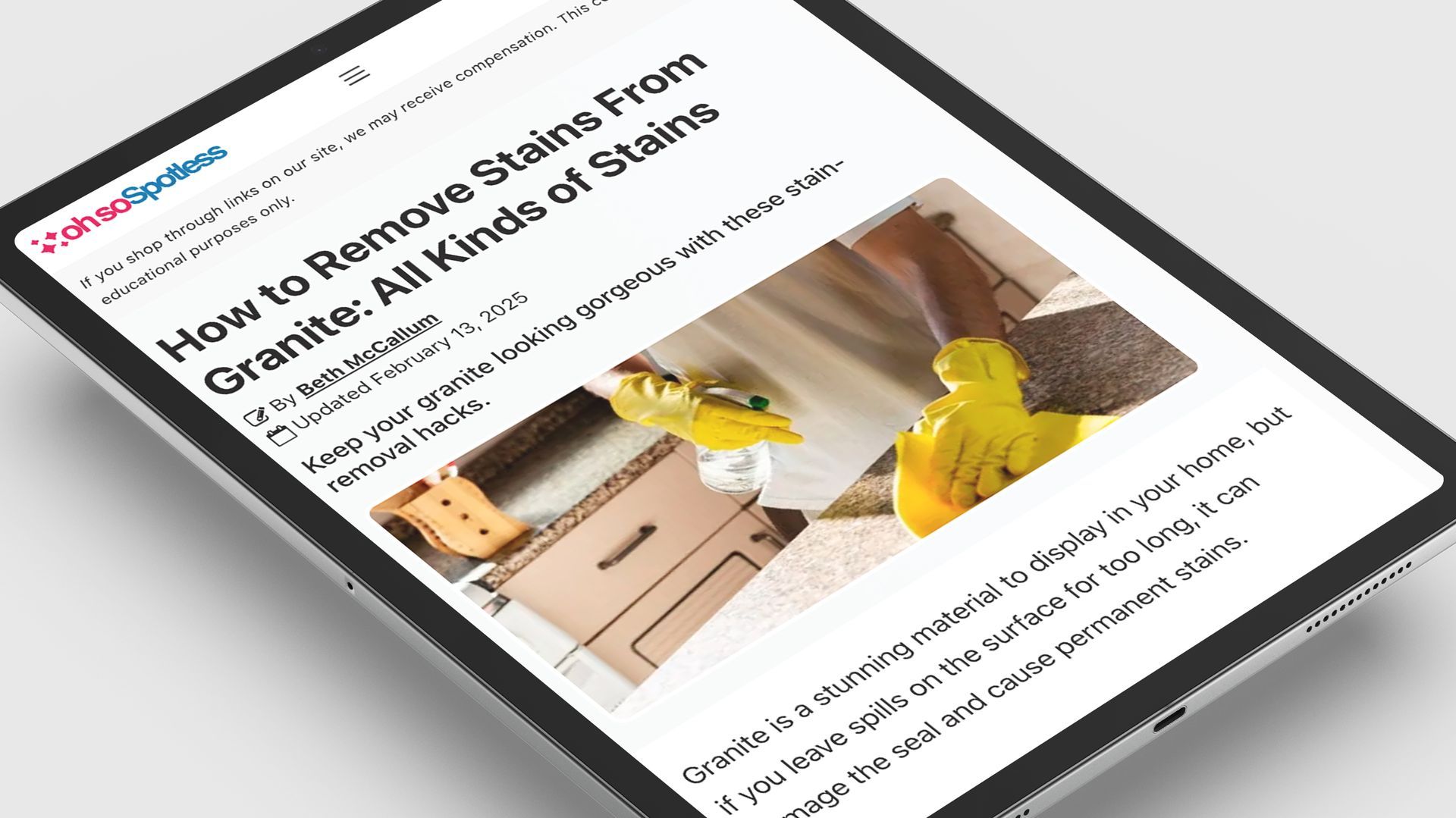 ipad open with article from oh so spotless website