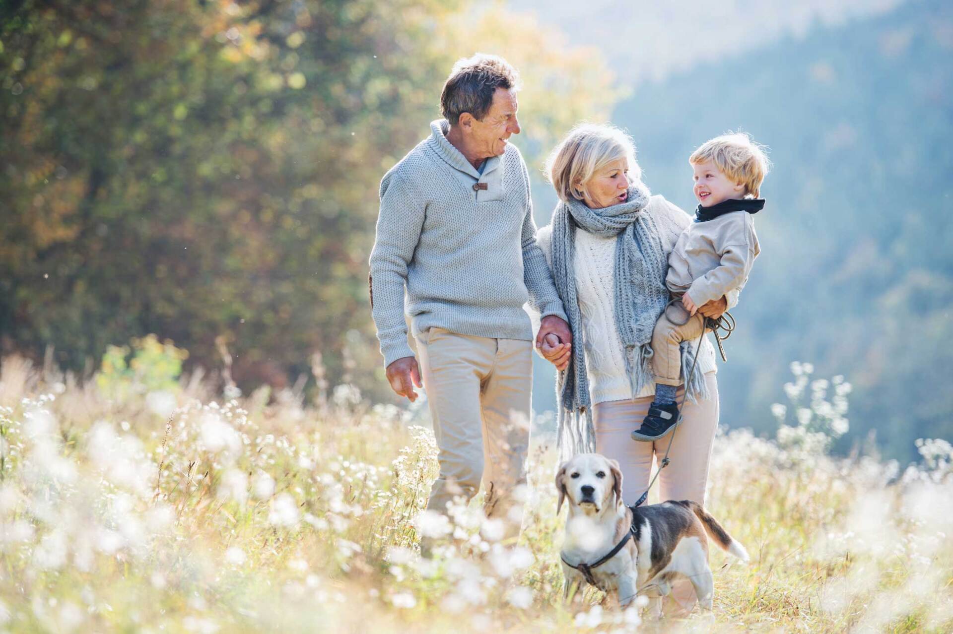 Senior Grandparents Walking Outdoors with Toddler Grandson and a Dog in Nature — Wolfeboro, NH — Harrigan Insurance Services