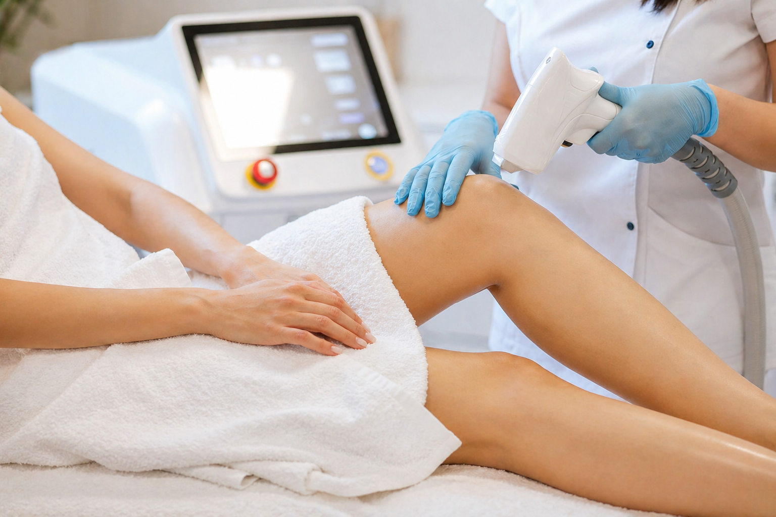 Technician performing laser hair removal on a client’s leg in a clinic