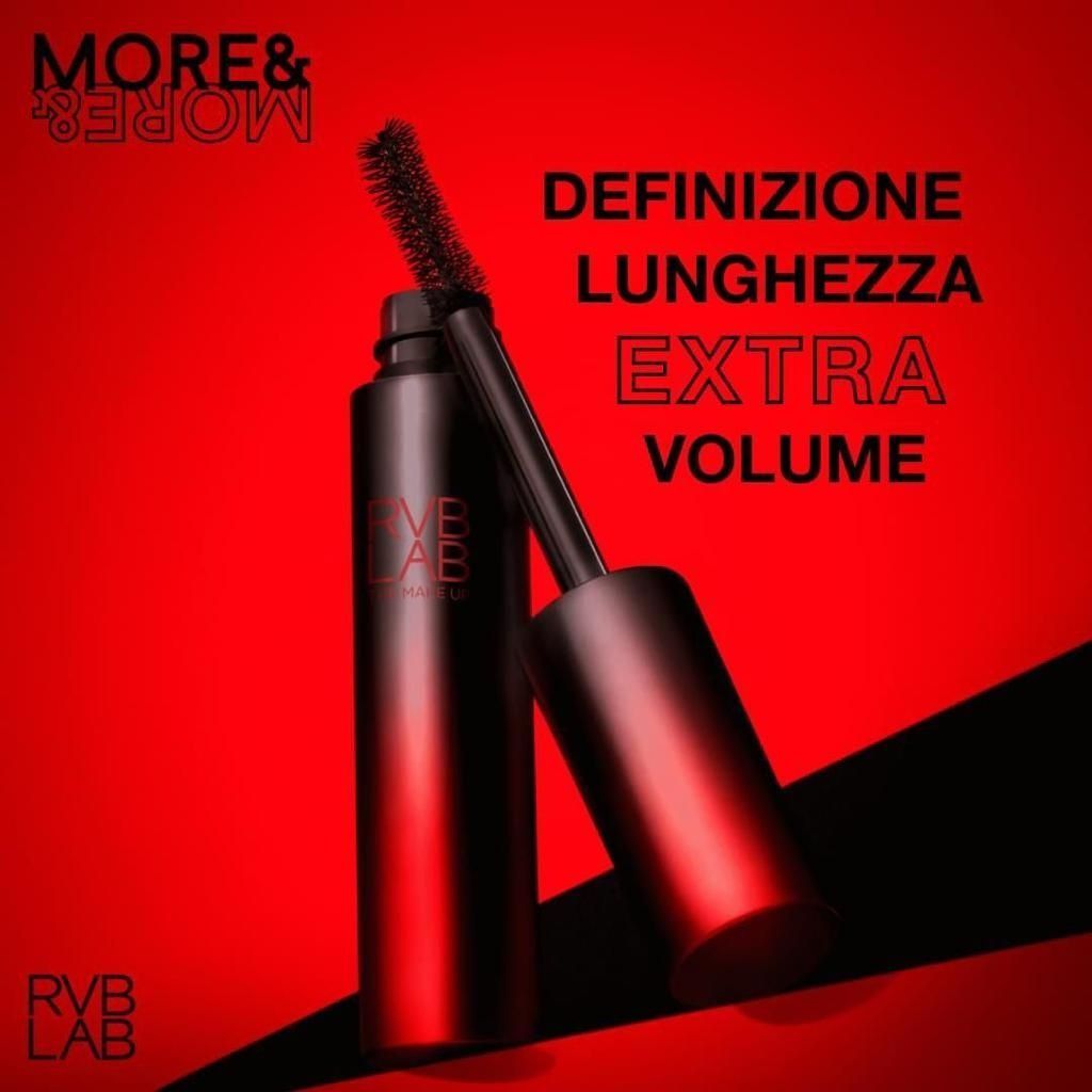 Red mascara ad with two tubes on a red background, labeled “definizione, lunghezza, extra volume.”