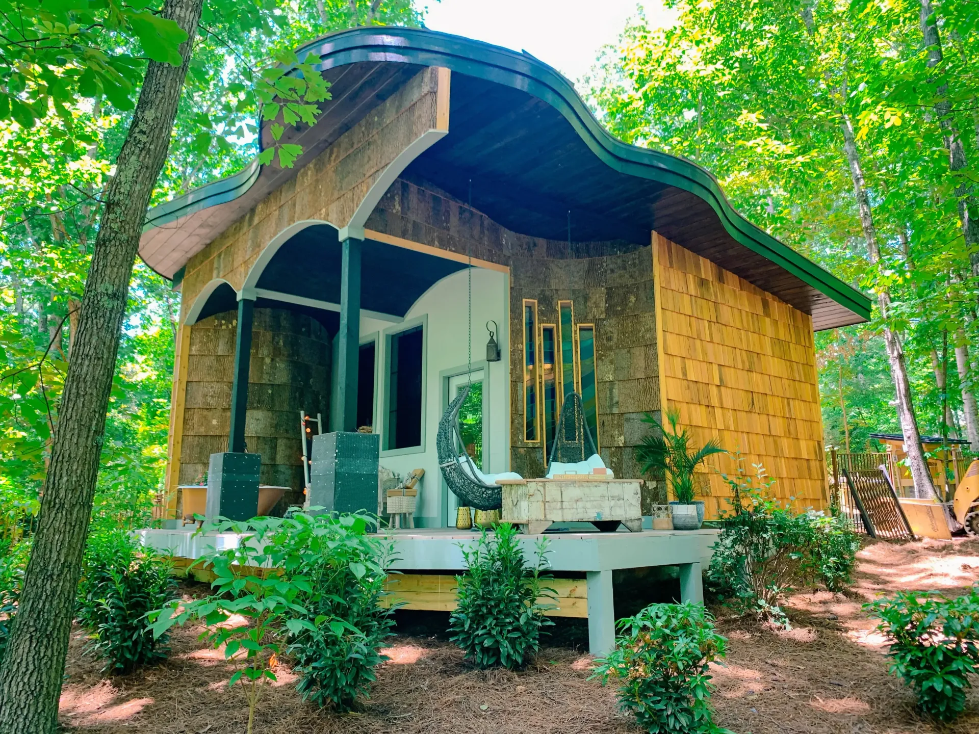 A small she-shed in the middle of a forest surrounded by trees.
