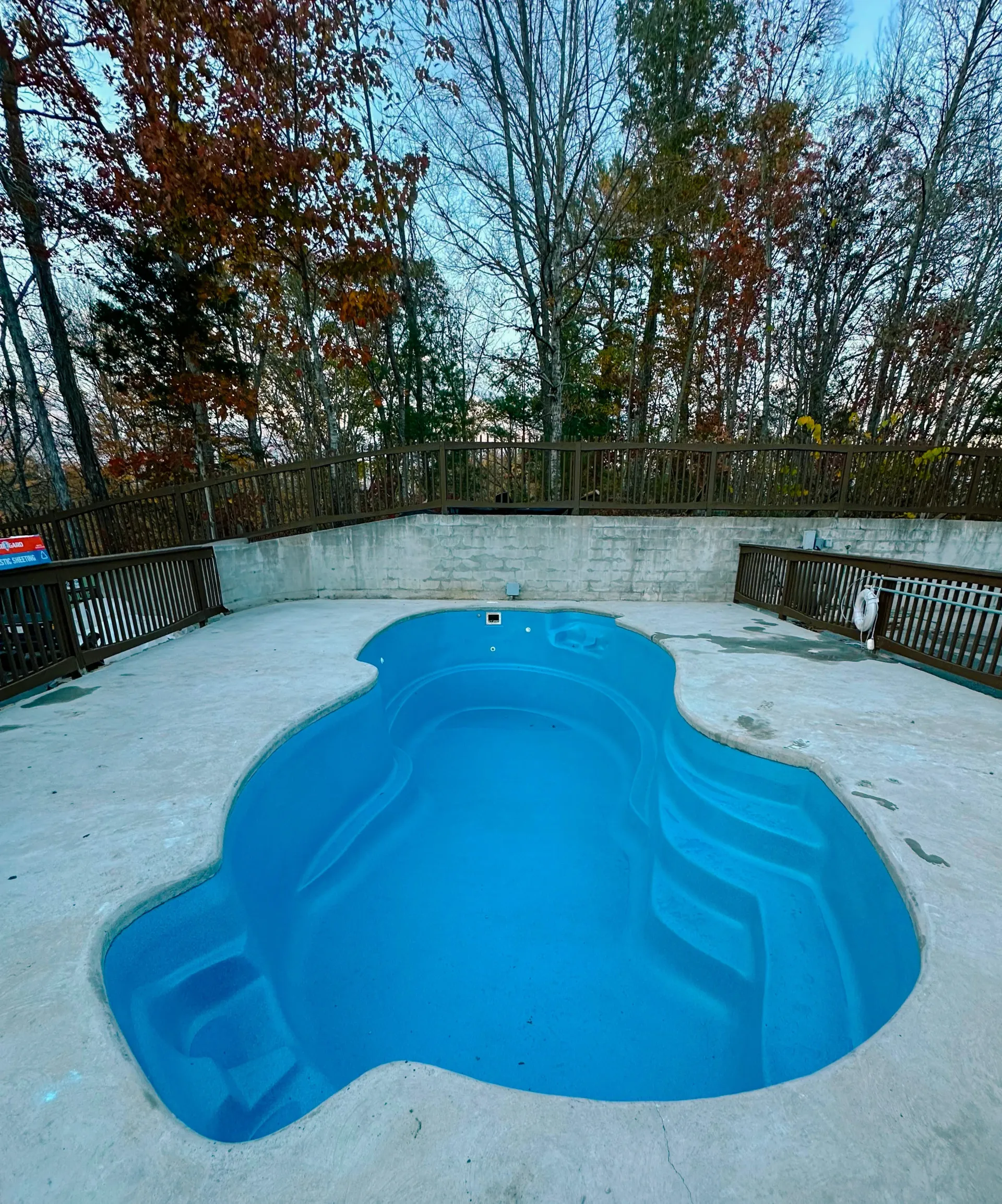 A large blue swimming pool is surrounded by trees