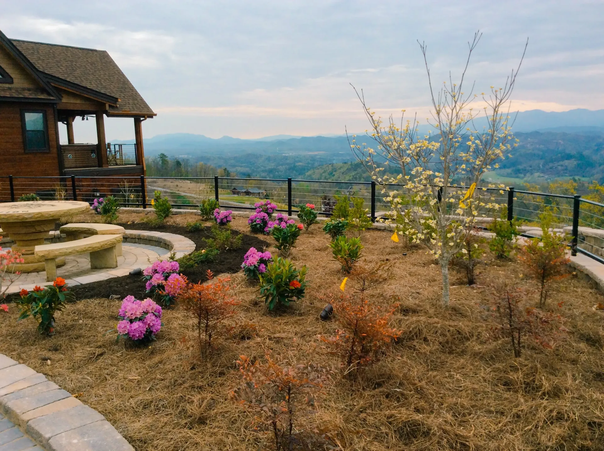 A lush green garden with flowers and trees in front of a house.