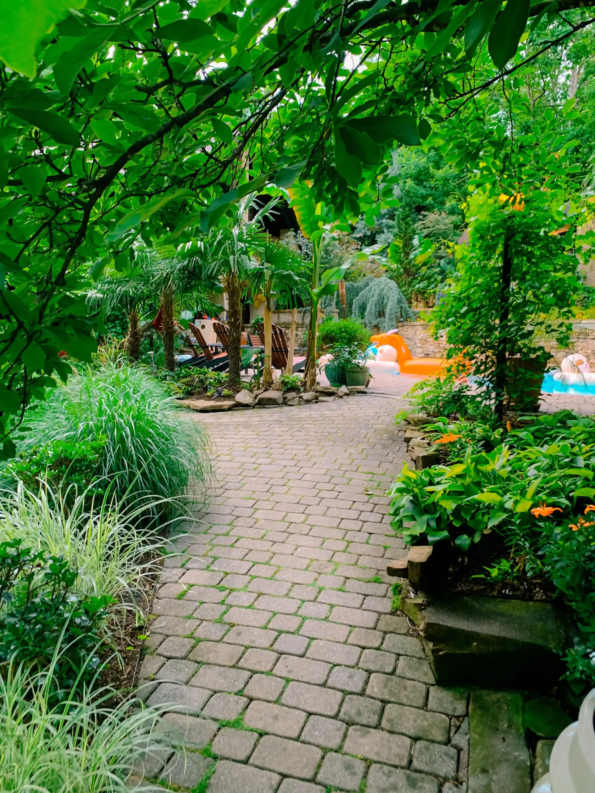 A brick walkway leading to a pool in a garden.