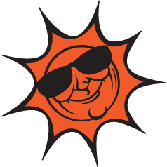 A cartoon sun wearing sunglasses and smiling