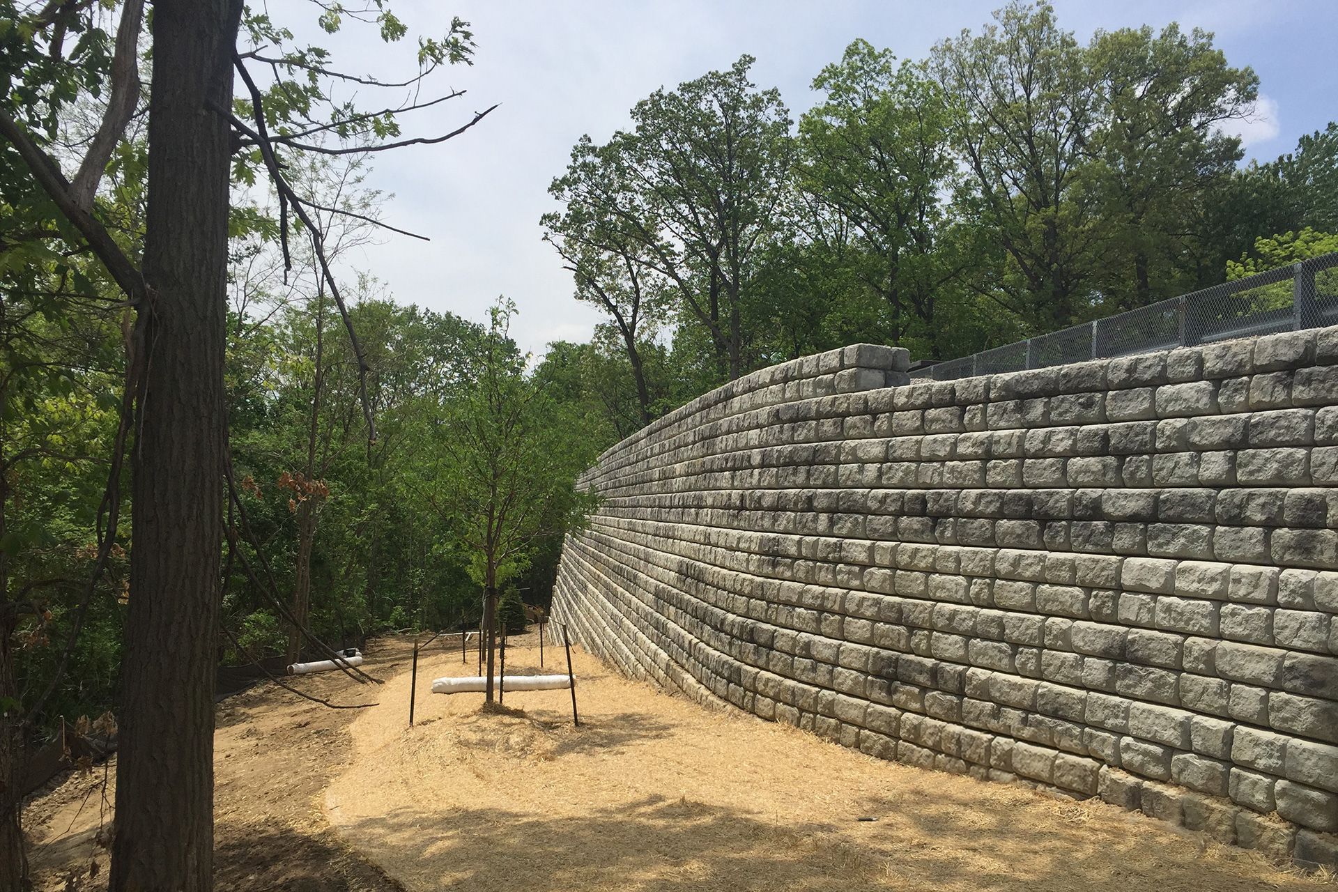 A large stone wall is surrounded by trees in a park.