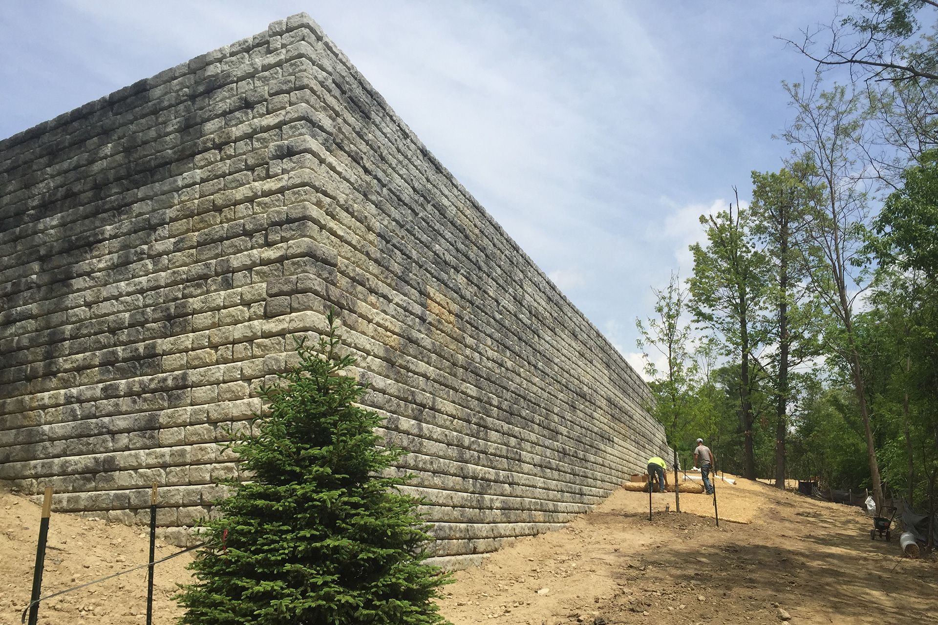A large brick wall is surrounded by trees and dirt.