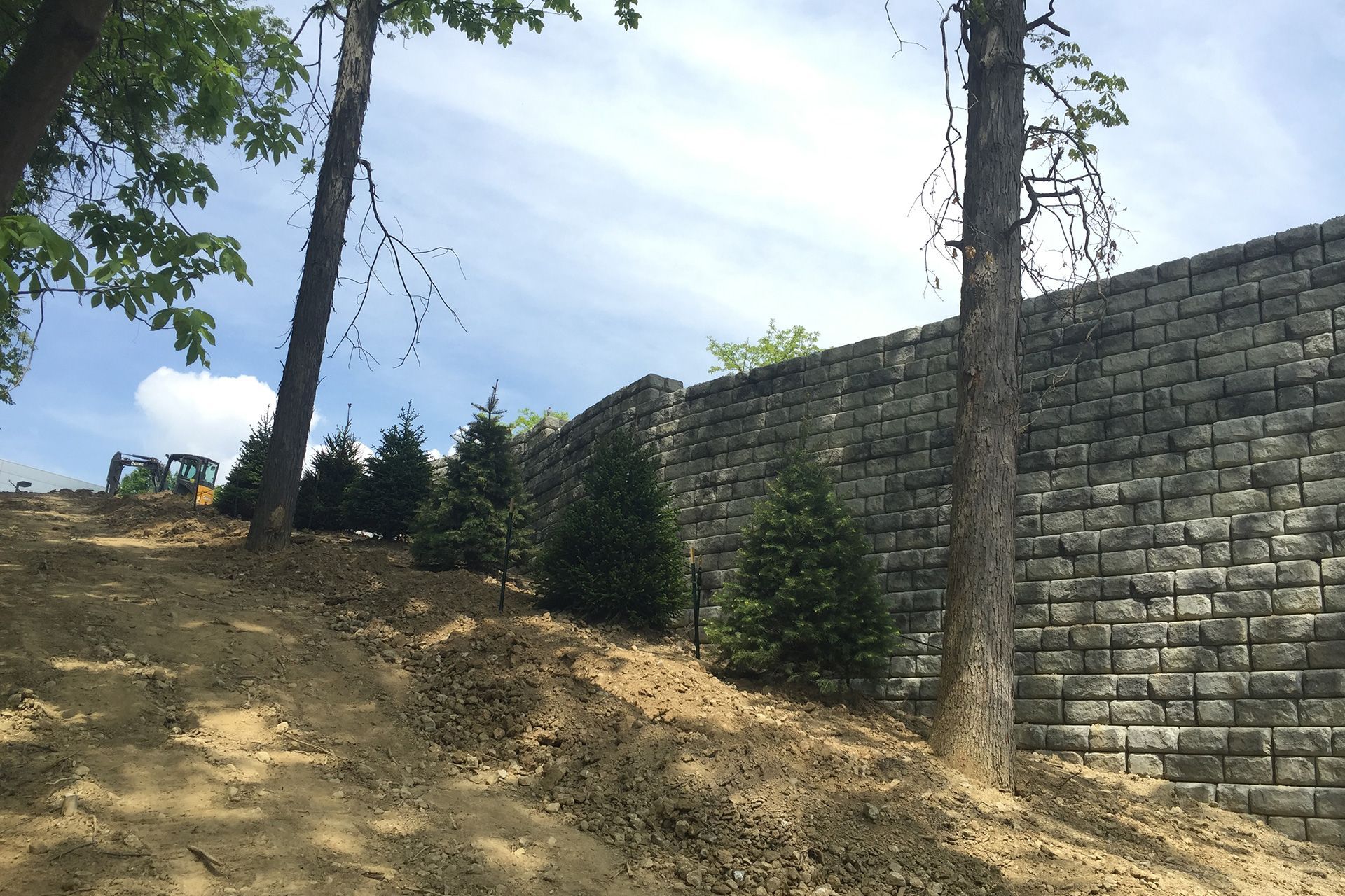 A large brick wall is surrounded by trees and dirt.