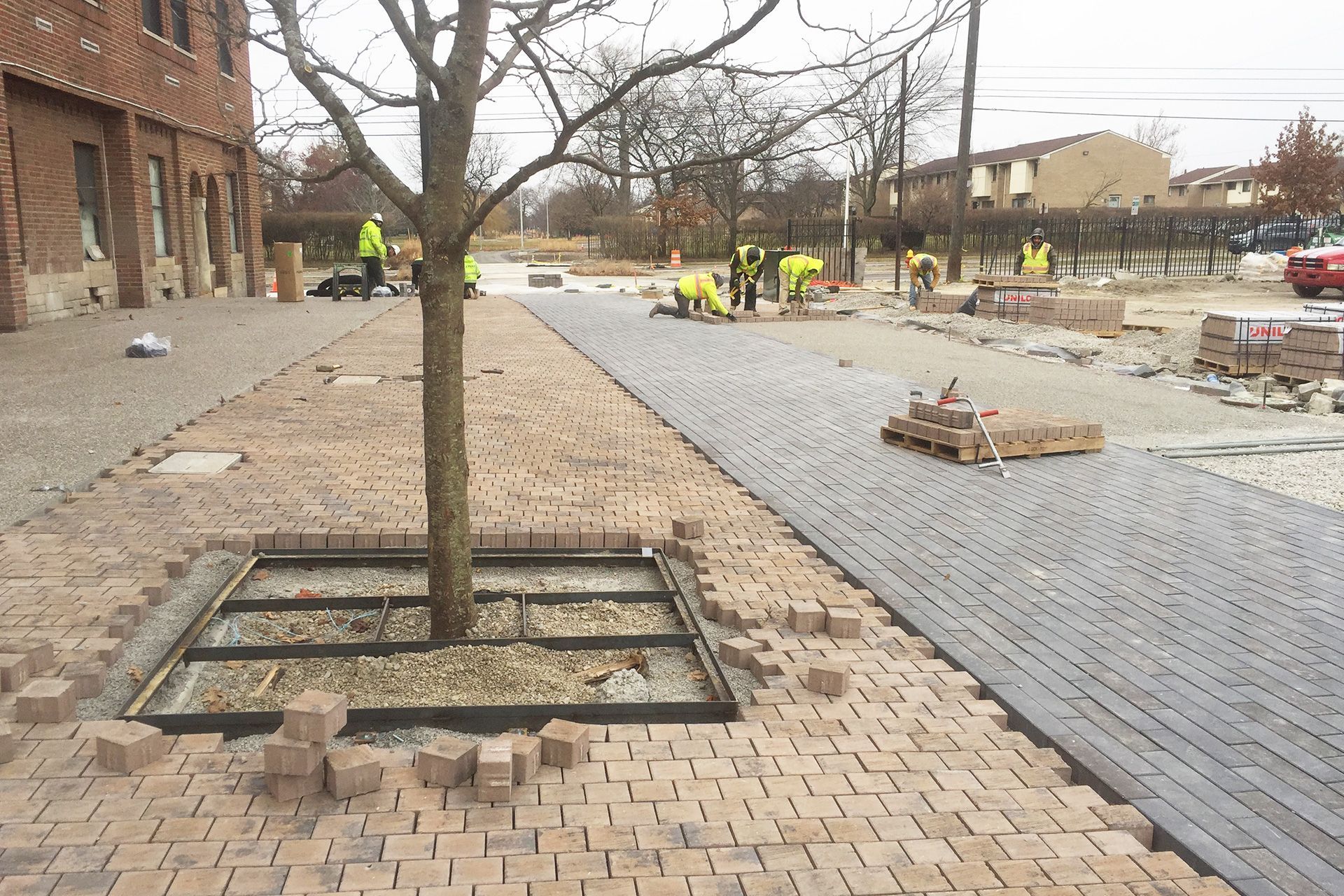 A brick sidewalk with a tree in the middle of it