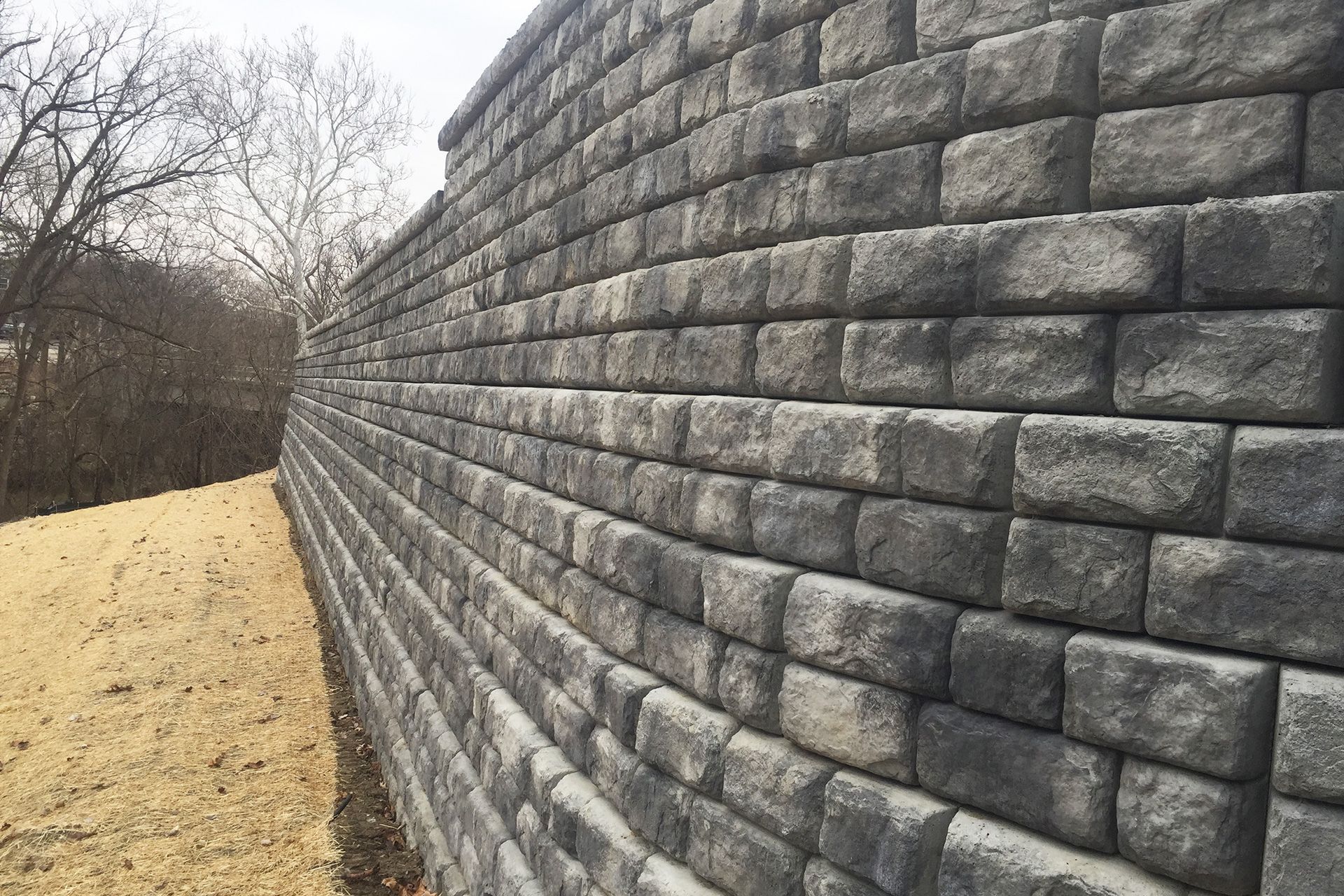 A large brick wall is surrounded by grass and trees.