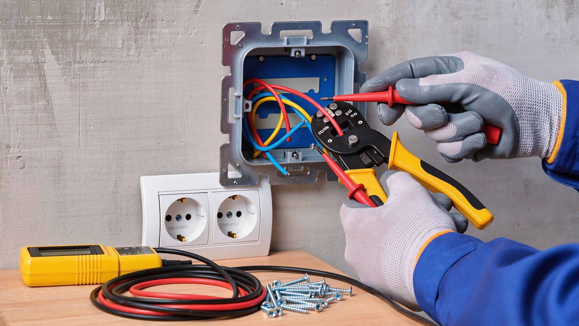 Electrician working on electrical wiring in a wall.