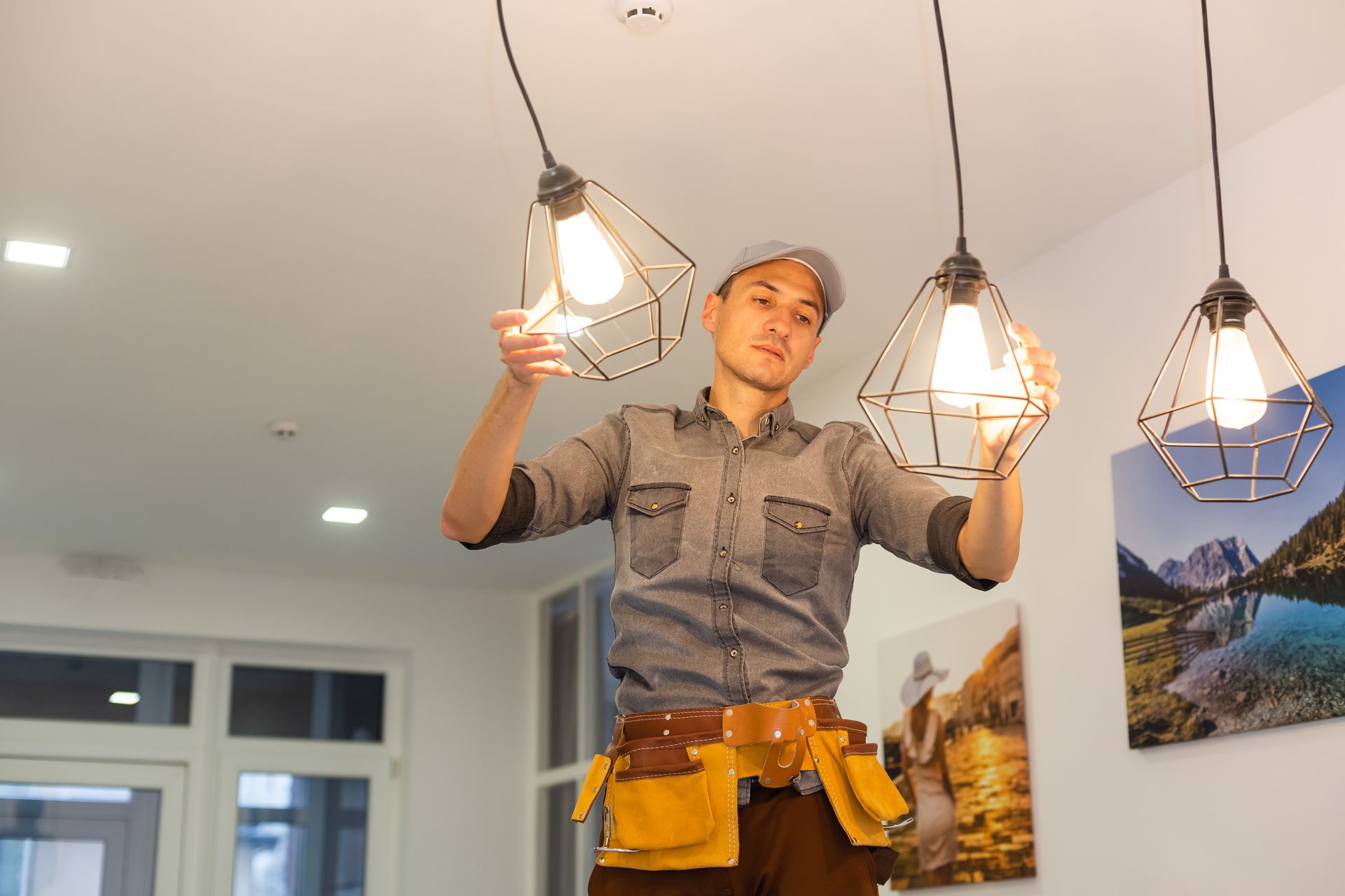 A residential electrician installing electric lamps inside an apartment.