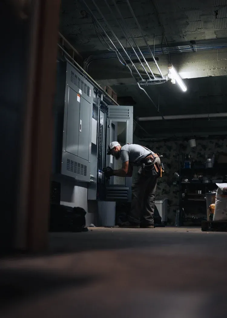 Man working on machinery in a dimly lit basement.