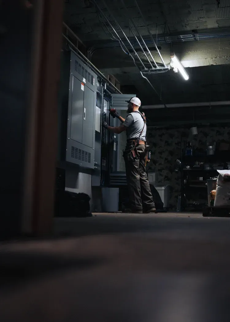 Electrician working on electrical panel in a dimly lit, industrial space.
