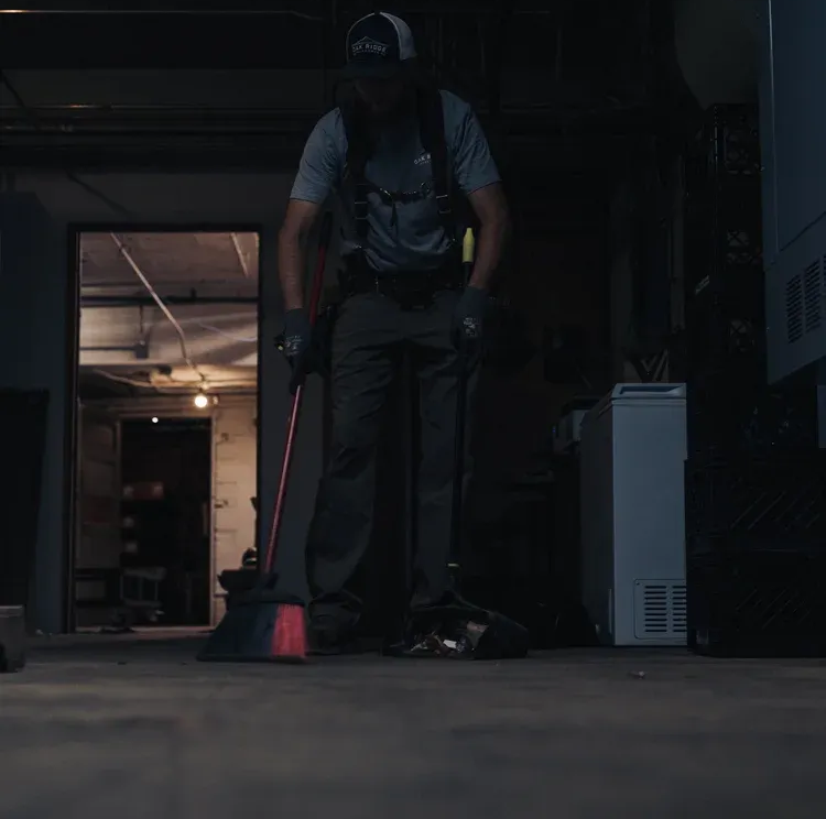Person sweeps a basement floor with a broom and dustpan; dark room, utility equipment visible.