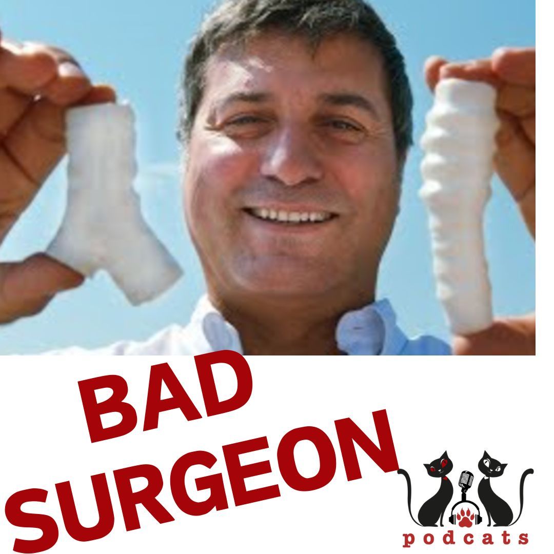 A man is holding a pair of socks that say bad surgeon