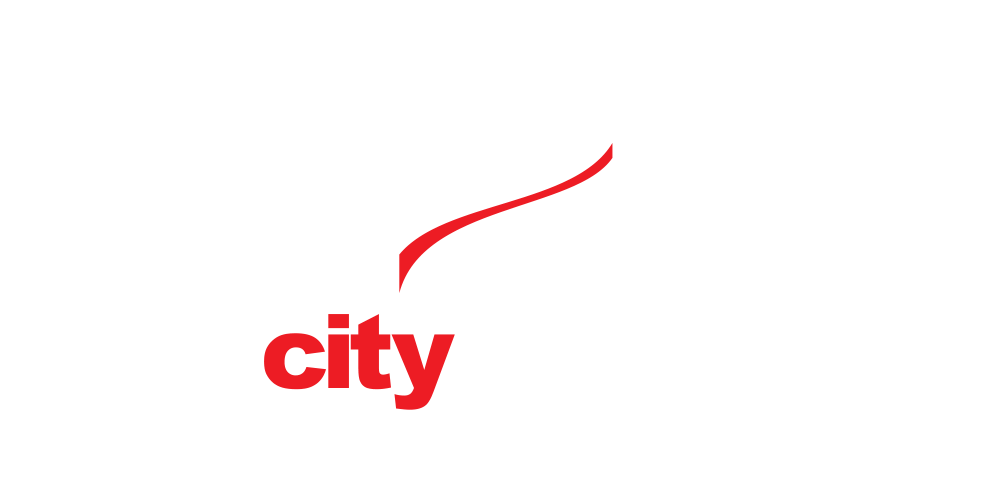 a red city logo on a white background