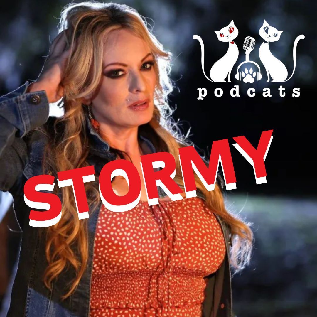 A woman is standing in front of a logo for stormy podcasts