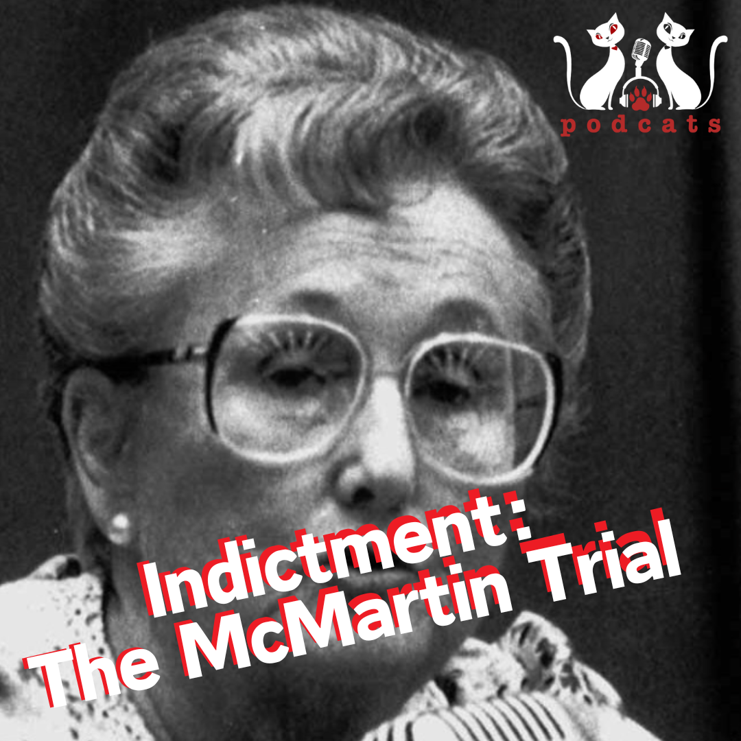 A woman with glasses and the words indictment the mcm martin trial