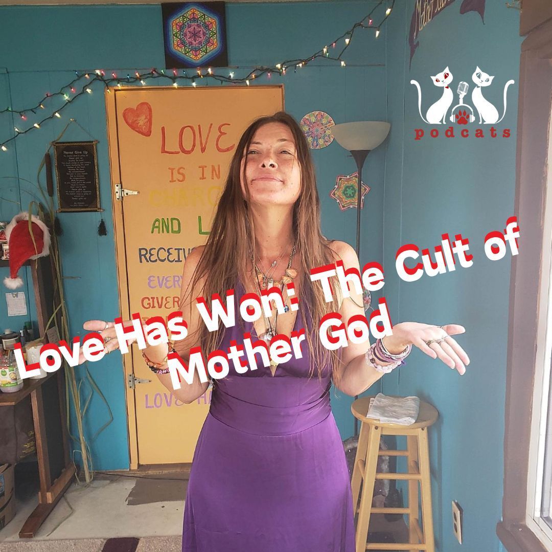 A woman in a purple dress is standing in front of a door that says love has won the cult of mother god.