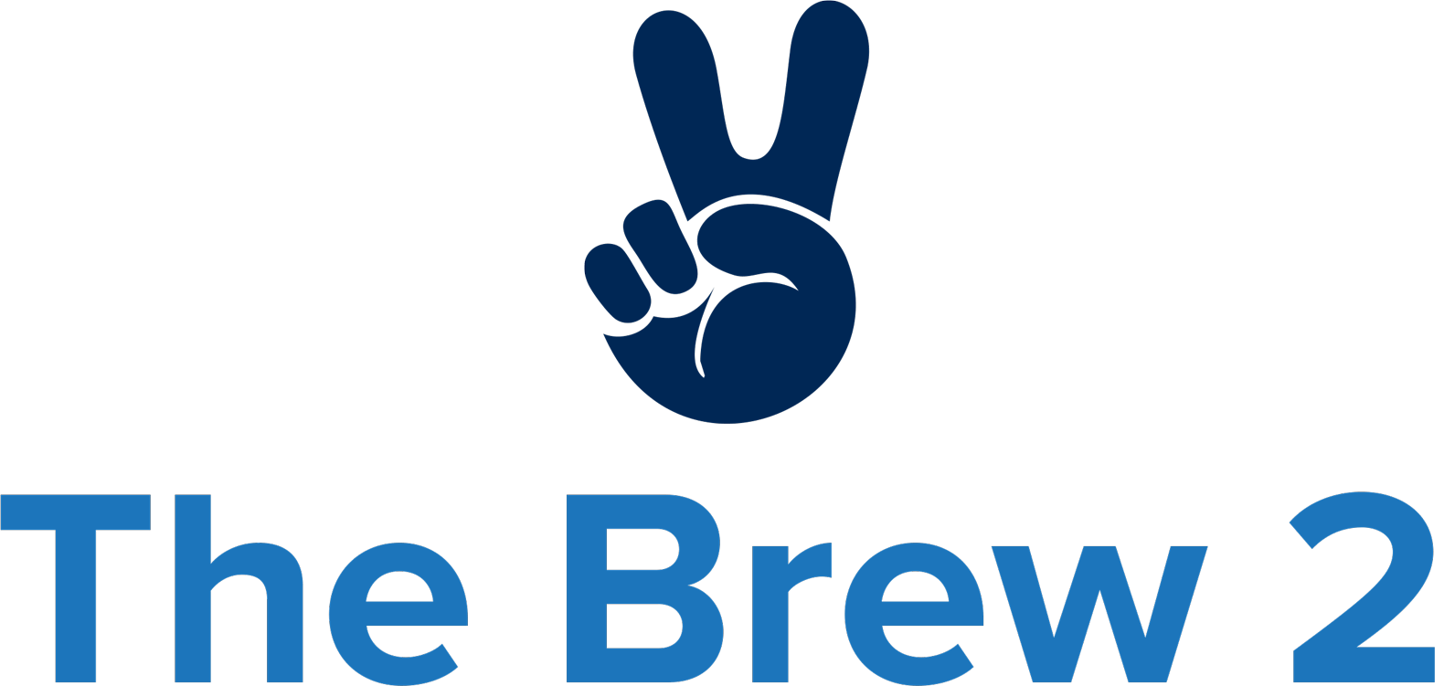 the logo for the brew 2 shows a hand giving a peace sign .