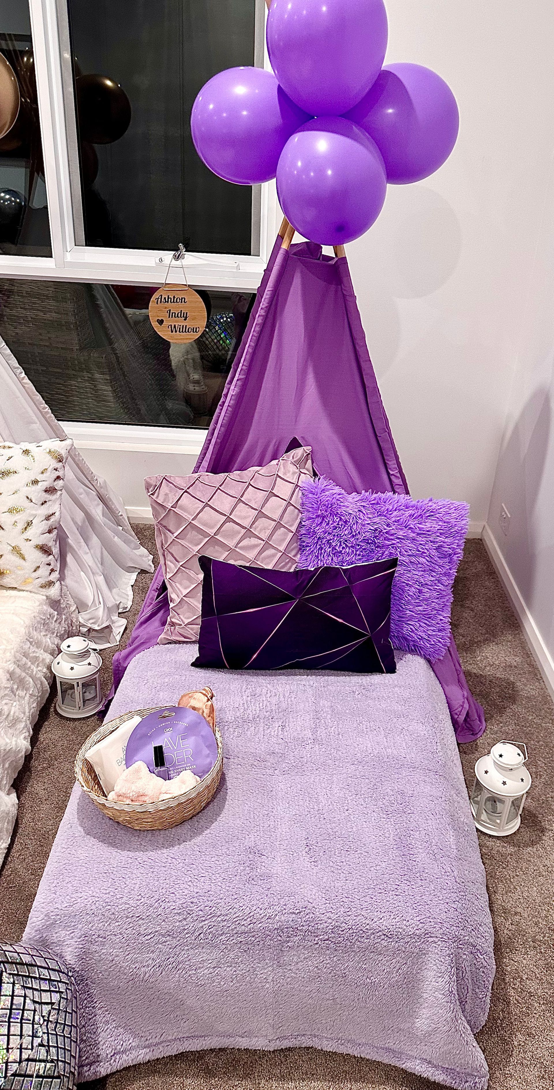 Purple Sleepover Party Set up — Sweet Parties & Braids in Tatton, NSW