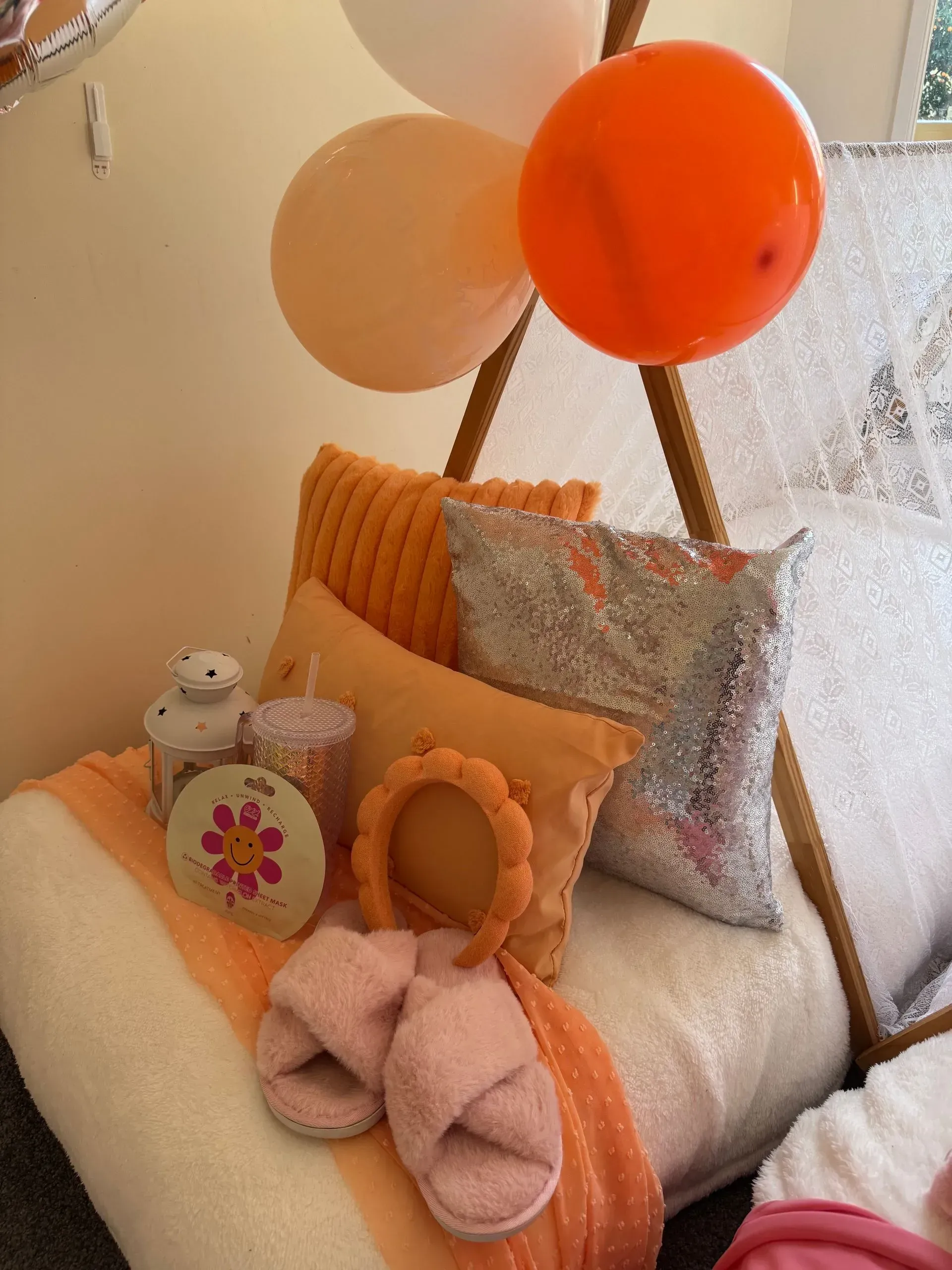 Decorated Chair With Balloons, Pillows, a Teddy Bear — Sweet Parties & Braids in Tatton, NSW
