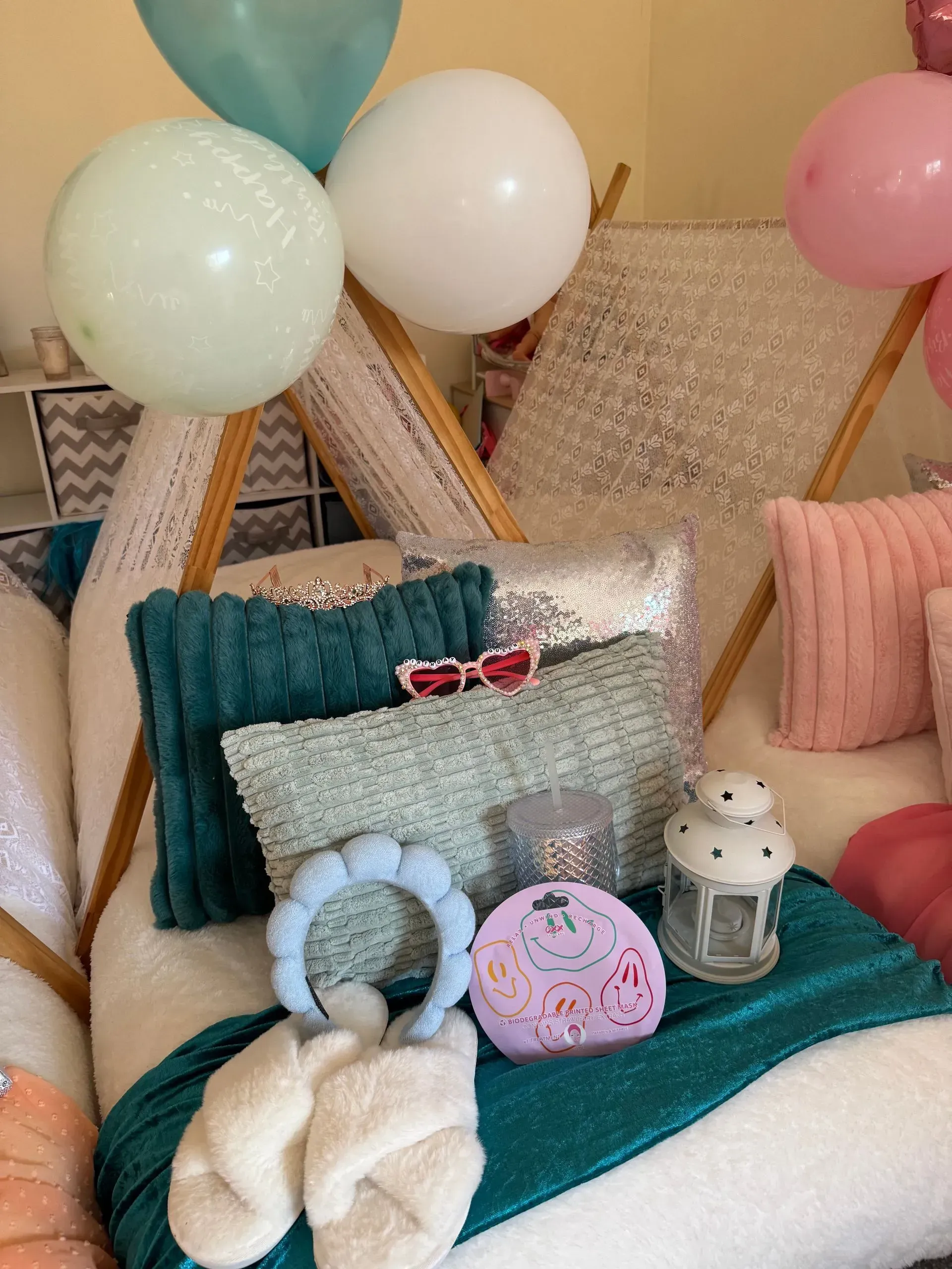 Pastel Toy Scene With Balloons, Plush Pillows, and Small Decorative Items — Sweet Parties & Braids in Tatton, NSW