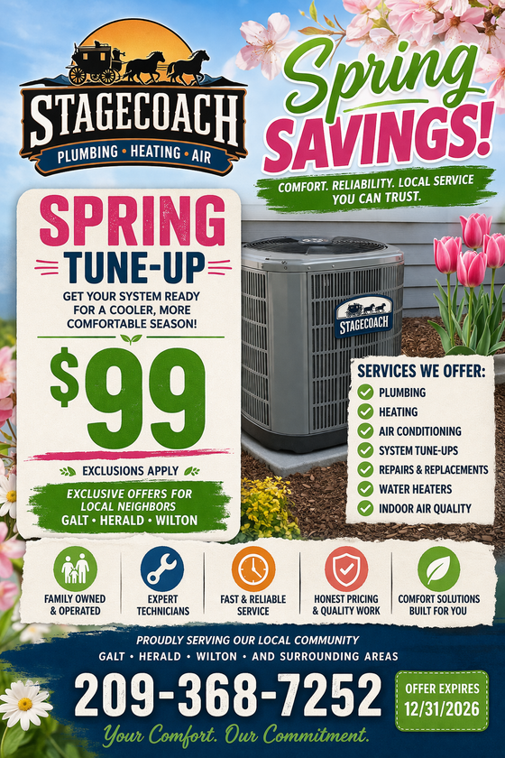 Stagecoach spring tune-up ad: $99 service, spring savings, and contact number on green floral background