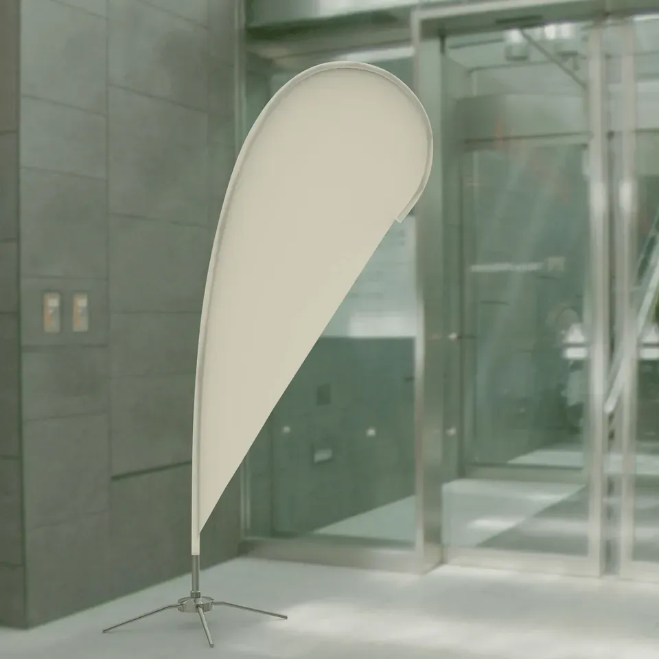 A white flag is sitting in front of a glass door