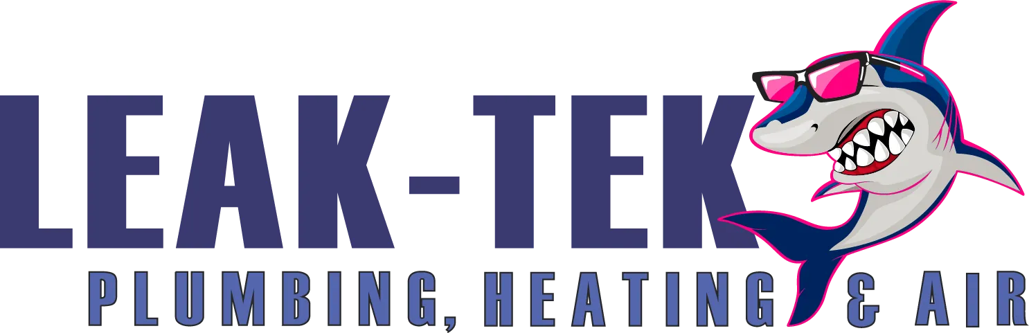 Logo for Leak-Tek Plumbing, Heating & Air featuring a shark wearing pink sunglasses.