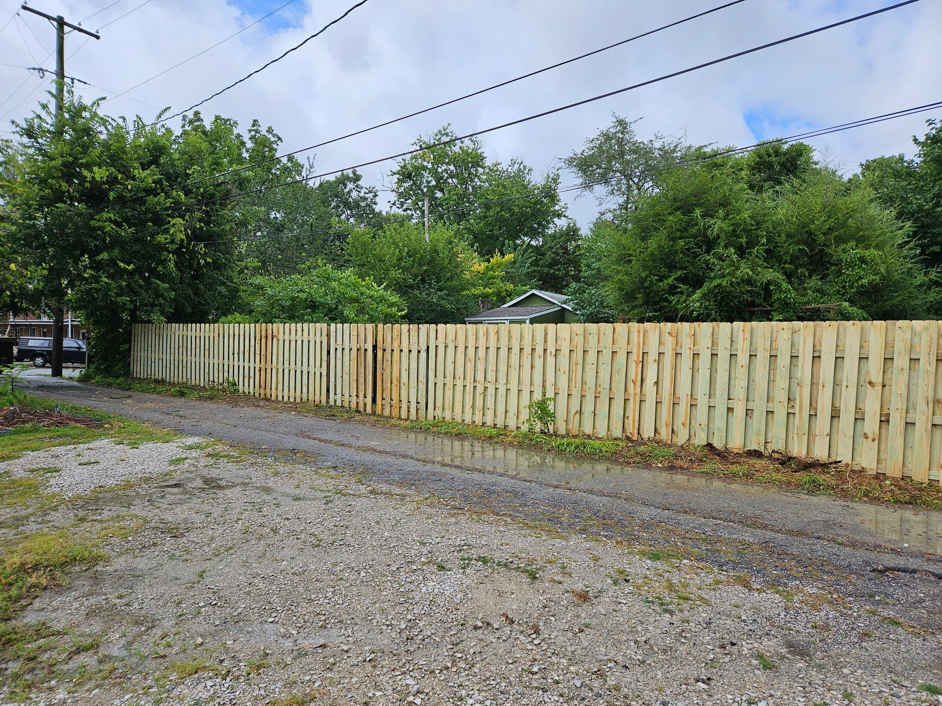 Wooden fence along a gravel driveway, with trees and power lines above.