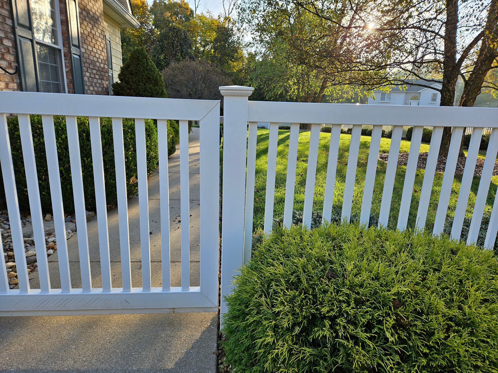 White picket fence with gate, green grass, and shrubs. Sunny day.