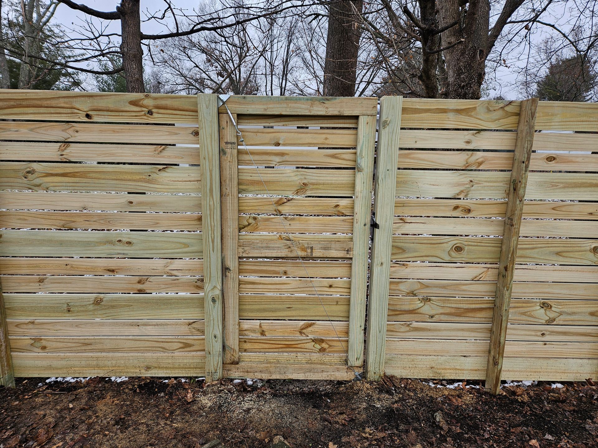 Wooden fence with gate, horizontal slats, set against trees and overcast sky.