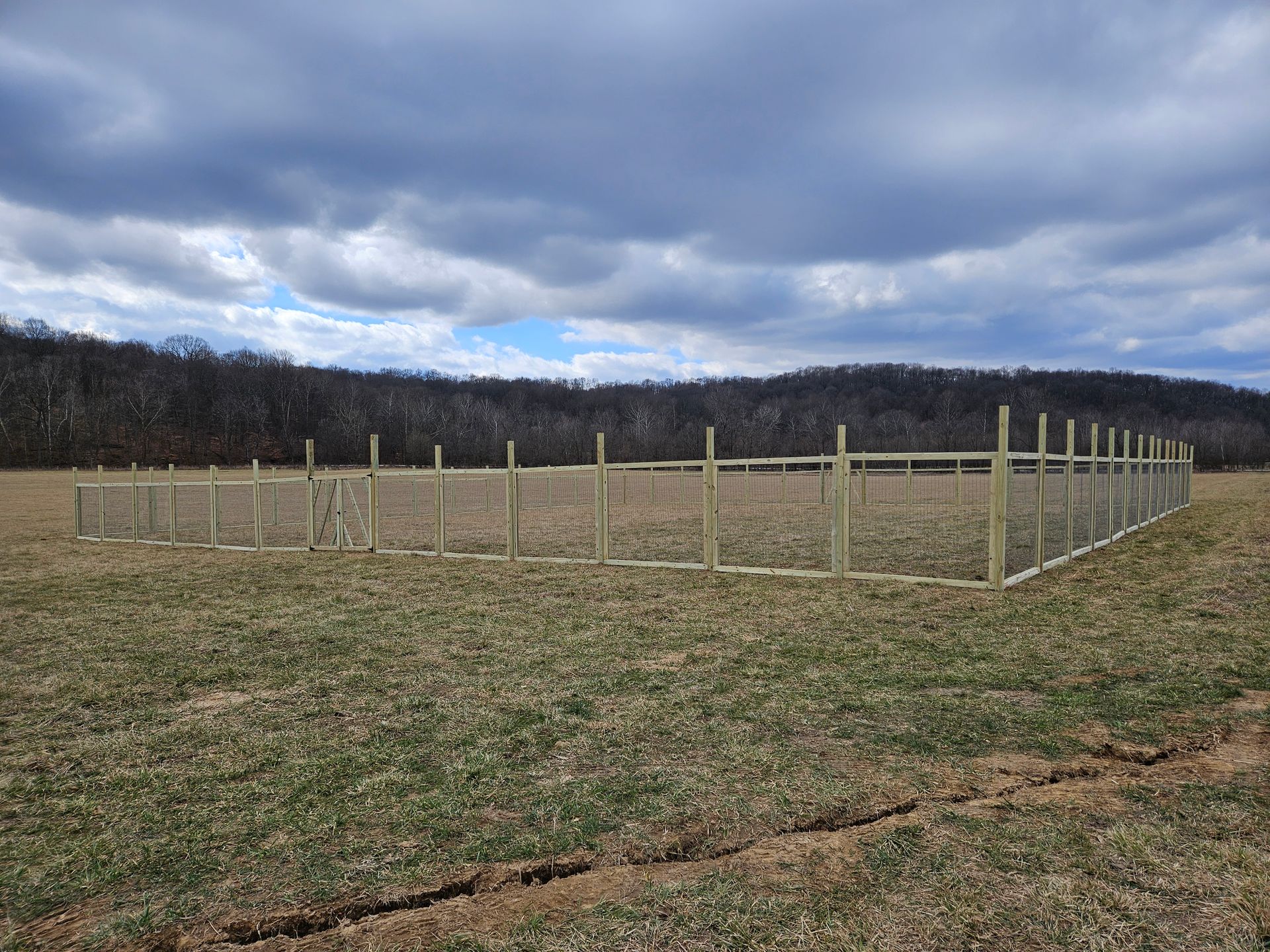 A newly built wooden and wire fence encloses a field under a cloudy sky.
