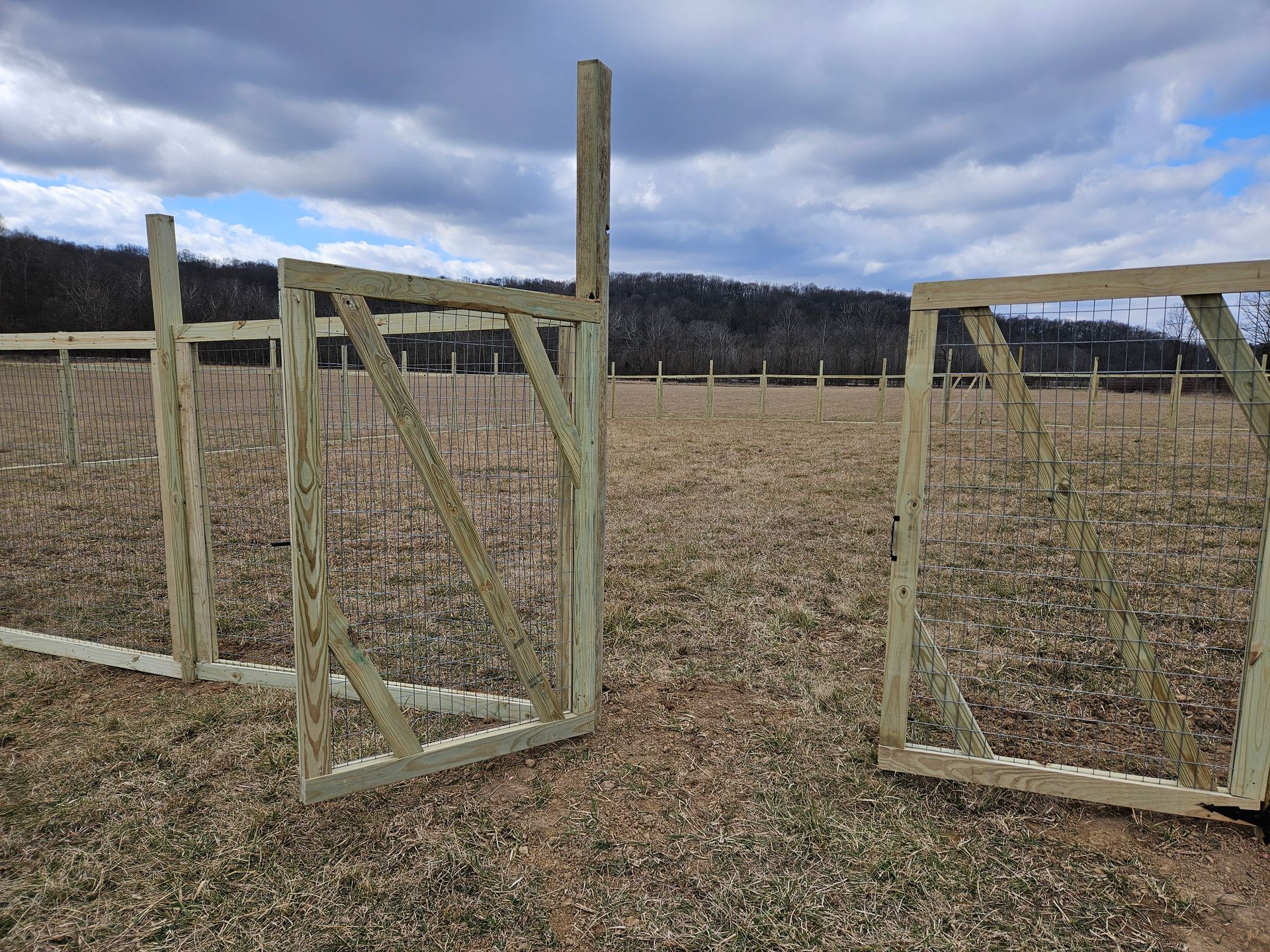 Wooden fence under construction in a field, with open gate sections and cloudy sky.