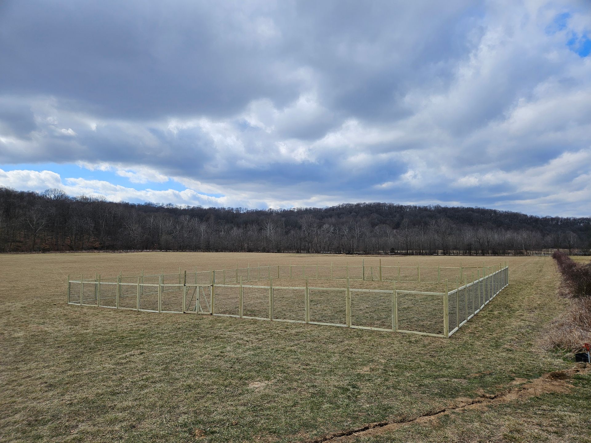 Newly built wooden fence in a field with a treeline and cloudy sky in the background.