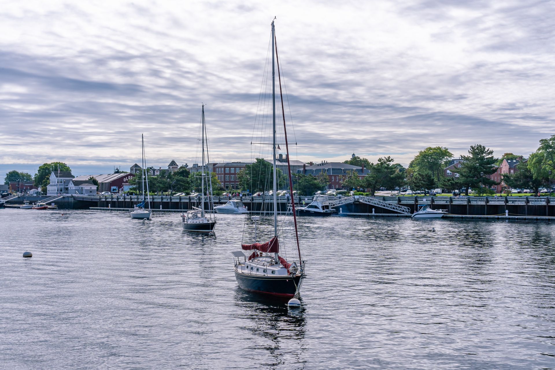 A group of sailboats are docked in a harbor.