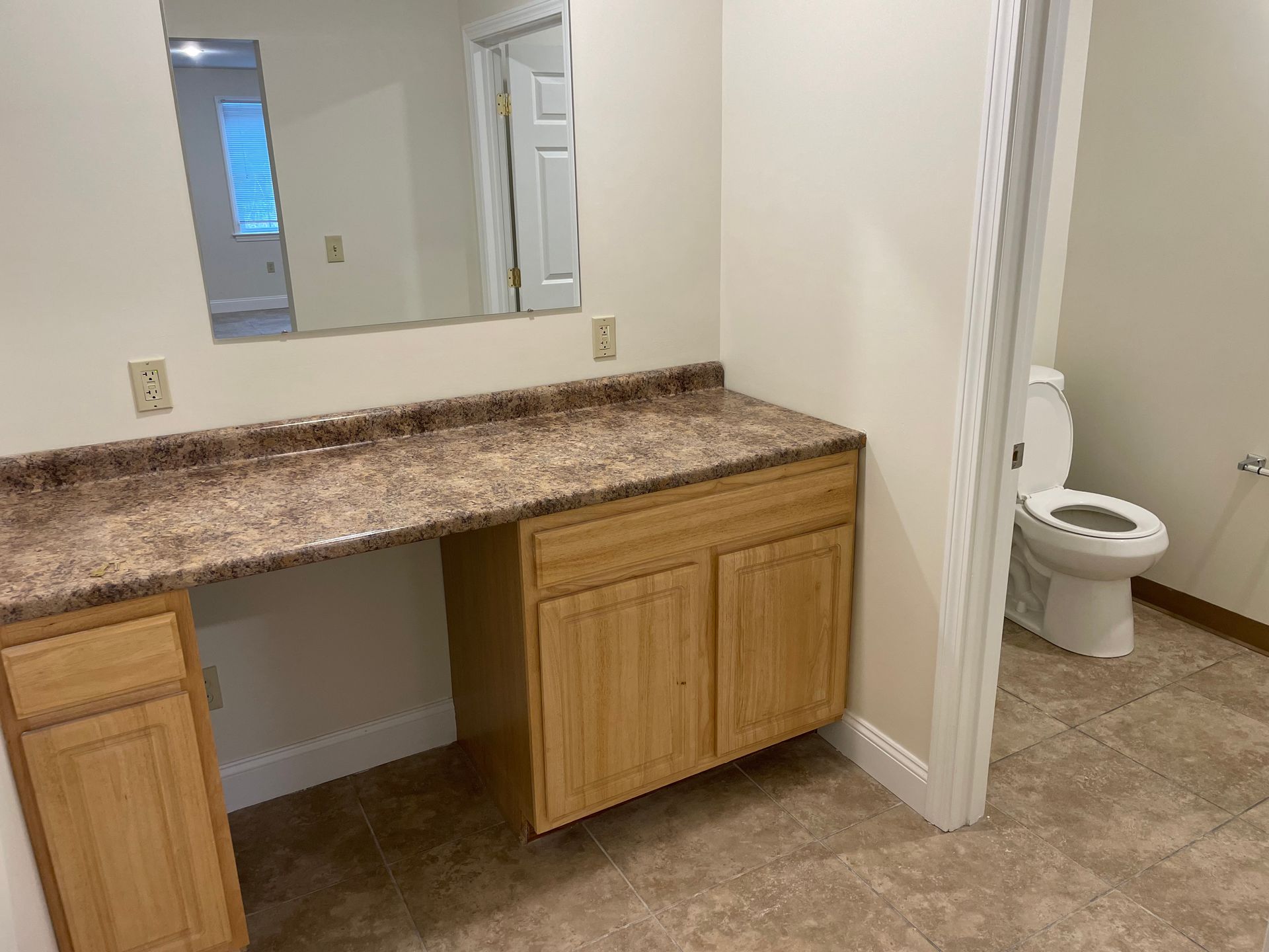 A bathroom with a sink , toilet and mirror.