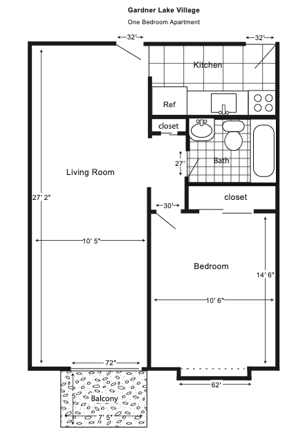 A black and white floor plan of a single bedroom apartment.