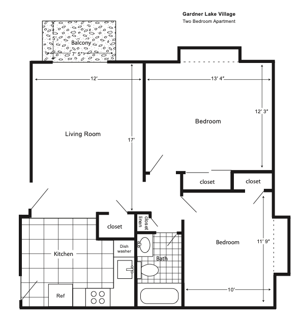 A black and white floor plan of a two bedroom apartment.