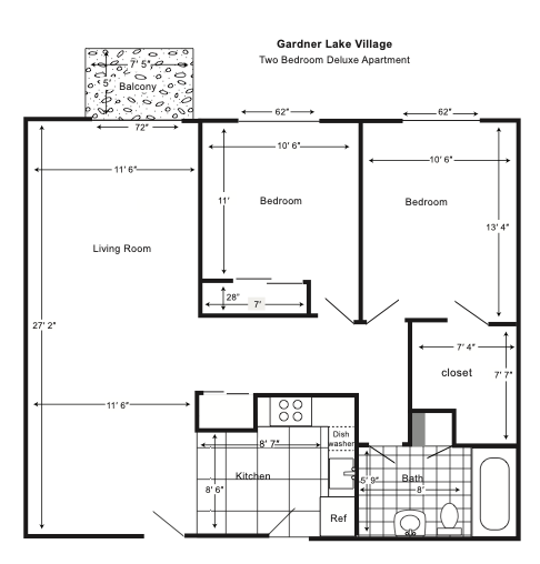 A black and white floor plan of a two bedroom deluxe apartment.